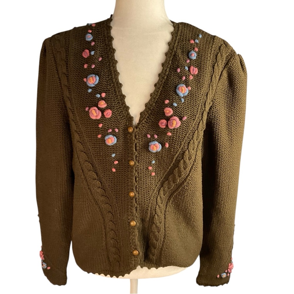 Vintage Collections by Susan Bristol Embroidered Cable Knit Cardigan Size L